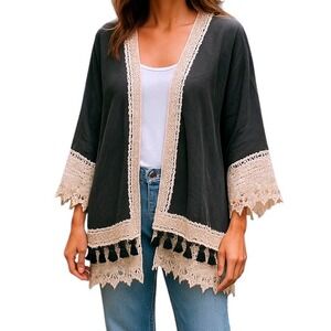 Weavers Kimono Open Cardigan Crochet Lace Tassel Hippie Boho Festival Cover Up L